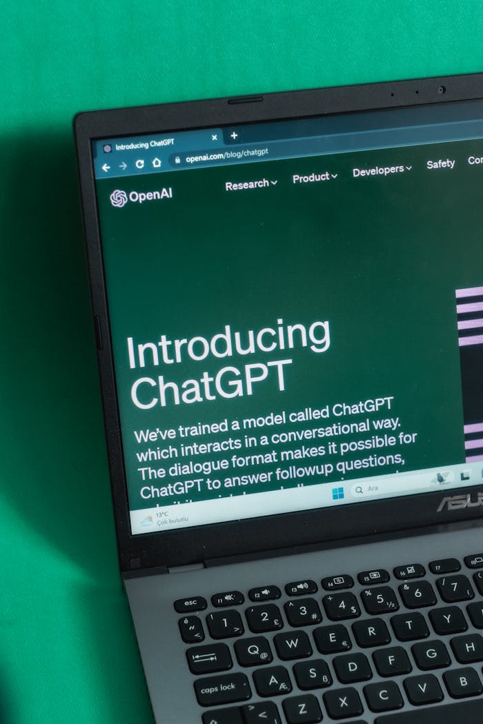 hero-img Laptop screen displaying the introductory page of ChatGPT on OpenAI's website.
