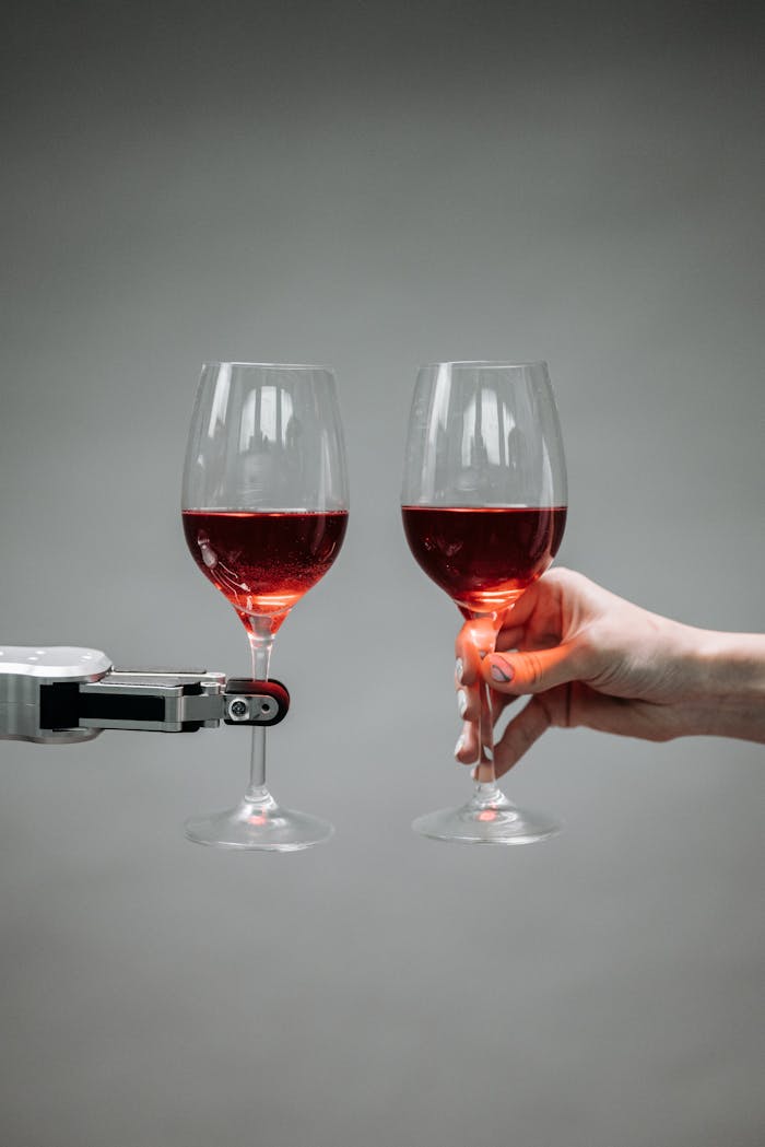 services-01 A robotic arm and human hand toasting with red wine glasses, symbolizing human-robot interaction.